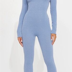 Fashion Nova Blue Ribbed Knit Jumpsuit
